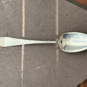 Op de afbeelding: Een zilveren lepel met een ovale kom en een decoratief handvat. Het handvat heeft een gegraveerd bloemmotief. De lepel ligt op een donkergrijze achtergrond.