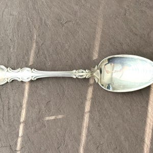 Puede incluir: Una cuchara plateada con un mango ornamentado y un cuenco reflectante. La cuchara está colocada sobre una superficie oscura y texturizada. El mango presenta un diseño decorativo y simétrico.