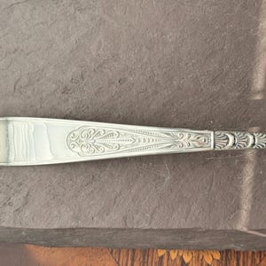 Könnte beinhalten: Ein silberner Löffel mit einem verzierten, gravierten Design. Der Löffelstiel weist ein detailliertes Muster aus Ranken und floralen Elementen auf. Der Löffel ist etwa 20 cm lang und liegt auf einer dunkelgrauen Oberfläche.