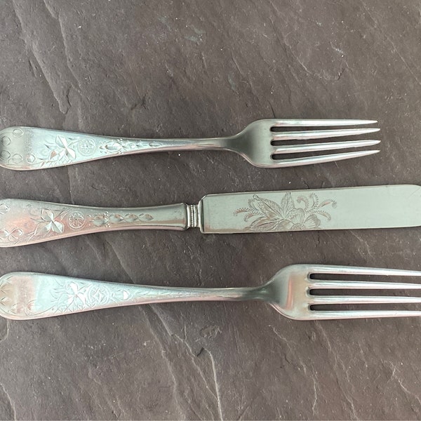 Af Towle and Son J G Martin ENGRAVED 1905 Antique Silverplate Luncheon Youth Fork and Knife Set Beautilful Vintage Children's Gift