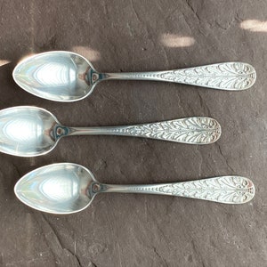 Rogers and Hamilton ACANTHUS 1886 Antique Silverplate Set of 3 DEMITASSE SPOONS Beautiful Vintage Ornate Pattern Very Rare No Mono