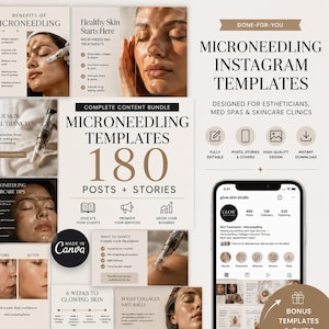 May include: Promotional graphic for microneedling Instagram templates. The design features images of skin treatments, before and after photos, and a smartphone displaying an Instagram profile. Text highlights benefits and aftercare tips.