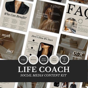 Puede incluir: Un kit de contenido de redes sociales para Life Coach con varios gráficos informativos. El kit incluye diapositivas con texto como "¿Quién puede beneficiarse?", "¿Es el coaching adecuado para ti?" y "Preguntas frecuentes". La combinación de colores es neutra con tonos negros y beige.