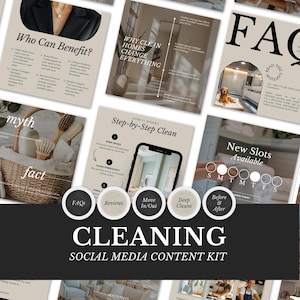 Puede incluir: Un kit de contenido para redes sociales para servicios de limpieza, con varios gráficos informativos. El kit incluye plantillas para preguntas frecuentes, reseñas y fotos de antes y después. El gráfico central muestra el texto "CLEANING SOCIAL MEDIA CONTENT KIT".