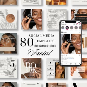 May include: A collection of 80 social media templates for Instagram posts and stories, designed for facial treatments. The templates feature a variety of designs, including images of people receiving facials, text overlays, and call-to-action buttons. The templates are designed to help businesses promote their facial services and attract new clients.