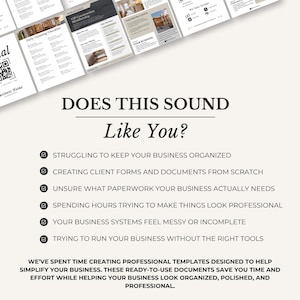 May include: A promotional image with the text "DOES THIS SOUND Like You?" and a list of business challenges. The image also displays examples of business templates, checklists, and forms. The overall theme is business organization and professional templates.