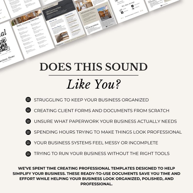 May include: A promotional image with the text "DOES THIS SOUND Like You?" and a list of business challenges. The image also displays examples of business templates, checklists, and forms. The overall theme is business organization and professional templates.