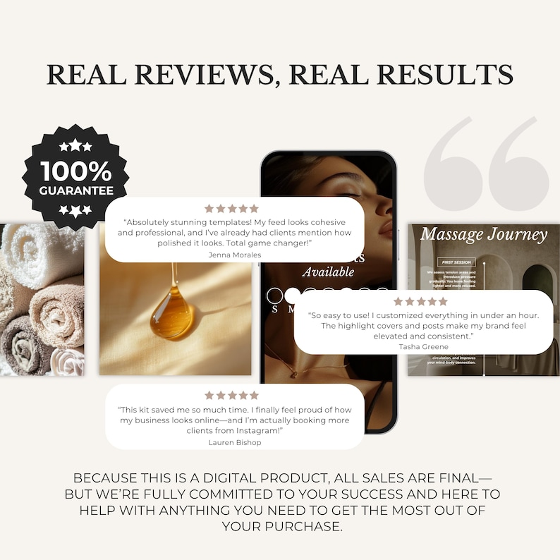 May include: An advertisement with the text "REAL REVIEWS, REAL RESULTS" and customer testimonials. The image includes a 100% guarantee badge, a phone displaying a social media profile, and a graphic of a drop of liquid.