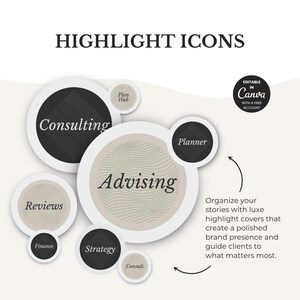 May include: Graphic with the text "HIGHLIGHT ICONS" and several circular icons. The icons include the words "Consulting", "Advising", "Reviews", "Finance", "Strategy", and "Planner". The image also includes the text "EDITABLE IN CANVA WITH A FREE ACCOUNT".