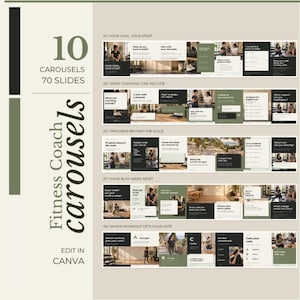 Pode incluir: Um conjunto de modelos digitais intitulado Fitness Coach Carousels com 10 carrosséis e 70 slides editáveis no Canva. O layout exibe várias prévias de slides com texto, fotografias e uma paleta de cores verde-oliva, preto e branco.