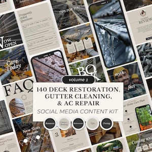 May include: A social media content kit with various layouts. The kit includes graphics for deck restoration, gutter cleaning, and AC repair. The text includes "FAQ", "Tips For You", and "Giveaway Time". The kit is labeled "volume 1".