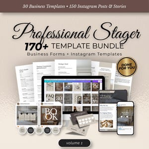 May include: A bundle of business templates and Instagram posts for professional stagers. The image shows a laptop, smartphone, and printed forms, with the text "Professional Stager 170+ Template Bundle" and "Done For You".