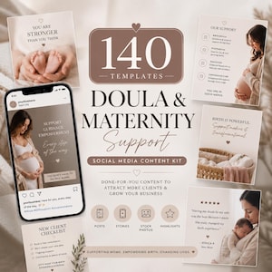 Könnte beinhalten: Ein Social-Media-Content-Kit für Doulas und Mutterschaftsunterstützung mit 140 Vorlagen. Das Design umfasst ein Telefon-Mockup, Karten mit Text und Bilder von schwangeren Frauen und Neugeborenen. Der Text enthält "Doula & Maternity Support".