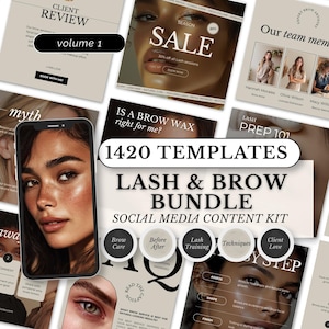 May include: A digital marketing bundle for lash and brow services. The image features a smartphone with a woman's face, surrounded by promotional graphics. Text includes "Lash & Brow Bundle," "1420 Templates," and "Sale."