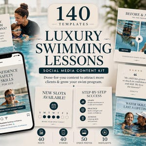Peut inclure: Kit de contenu pour les réseaux sociaux pour des cours de natation de luxe. L'image présente un téléphone affichant une publicité de cours, une mère et un enfant dans une piscine, et des modèles avec du texte comme "Confiance, Sécurité, Compétences pour la vie".
