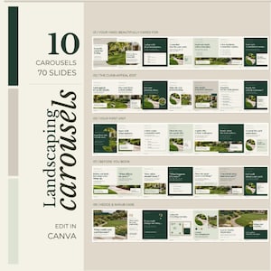 May include: A digital template set featuring 10 landscaping carousels and 70 slides for Canva. The design uses a palette of dark green, light green, and beige, displaying various text-based layouts, gardening tips, and lawn care imagery.