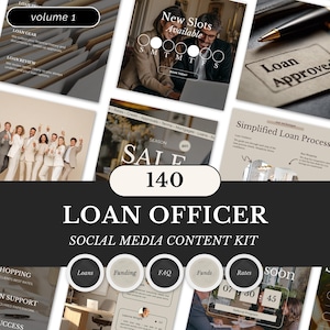 Könnte beinhalten: Eine Werbegrafik für ein "Social Media Content Kit für Kreditsachbearbeiter". Das Bild zeigt verschiedene Mockups, darunter eine Grafik "Neue Slots verfügbar", ein Dokument "Kredit genehmigt" und ein Diagramm "Vereinfachter Kreditprozess". Das Kit enthält 140 Vorlagen.