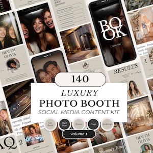 Puede incluir: Un conjunto de plantillas de contenido para redes sociales para un fotomatón de lujo, con varios diseños con fotos, texto y elementos de diseño. El gráfico central dice "140 LUXURY PHOTO BOOTH SOCIAL MEDIA CONTENT KIT volume 1."