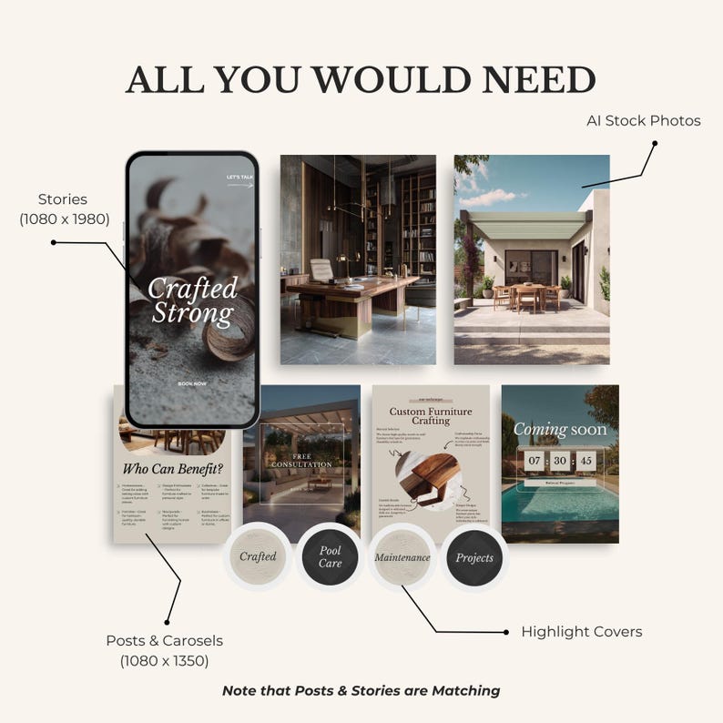 May include: An image showcasing a marketing concept with the text "ALL YOU WOULD NEED". It includes a phone screen with "Crafted Strong" text, AI stock photos, highlight covers, and posts & carousels. The image also has the text "Who Can Benefit?" and "Coming soon".
