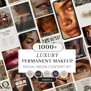 Op de afbeelding: Een verzameling sjablonen voor social media content voor luxe permanente make-up, met afbeeldingen van gezichten en lippen. De kit bevat sjablonen voor voordelen, diensten, beoordelingen, voor en na en boeken.
