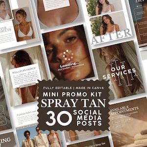Publicaciones de Instagram sobre bronceado con spray, 30 plantillas editables para redes sociales para artistas del bronceado y negocios de bronceado con spray a domicilio, plantilla neutral de Canva