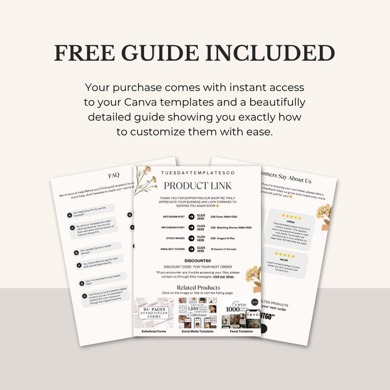May include: Three white paper guides with text, including "FREE GUIDE INCLUDED" and "PRODUCT LINK". The guides offer Canva templates and customization instructions. The image also shows related products and customer testimonials.