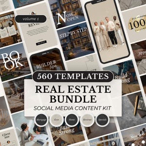 May include: A promotional image showcasing a real estate social media content kit. The image features various mockups of phone screens and graphics with text like "560 Templates", "Real Estate Bundle", and "Mortgage". The color palette is neutral with beige and white tones.