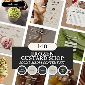 Pode incluir: Um kit de conteúdo de mídia social para uma loja de frozen custard, com imagens de sorvete, cones e ingredientes. O kit inclui gráficos com texto como "Frozen Custard Prep 101" e "Flavor Drop".