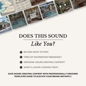 May include: A promotional image with a light beige background. The text reads "DOES THIS SOUND Like You?" followed by a list of questions. The image also includes a variety of small square images with text and images related to pool services and design.