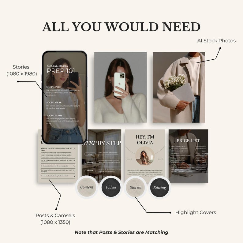 Pode incluir: Um conjunto de modelos de marketing digital intitulado ALL YOU WOULD NEED, com layouts para stories e posts em redes sociais. Inclui se&ccedil;&otilde;es para fotos, capas de destaques e listas de pre&ccedil;os, com etiquetas de texto como SOCIAL MEDIA PREP 101.