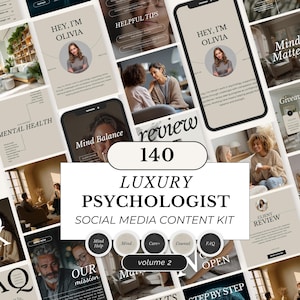 Peut inclure: Ensemble de modèles de contenu pour les réseaux sociaux pour un psychologue de luxe, avec une palette de couleurs neutres. La conception comprend des maquettes de téléphones, des superpositions de texte et des images avec le texte "HEY, I'M OLIVIA", "Mind Balance", et "140 LUXURY PSYCHOLOGIST SOCIAL MEDIA CONTENT KIT".