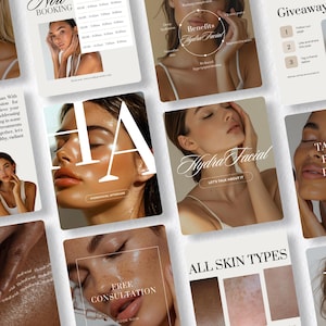May include: A collection of social media templates for a skincare service featuring portraits of individuals with glowing skin, text overlays including HydraFacial, Benefits, Giveaway, Now Booking, Free Consultation, and All Skin Types.