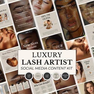 Op de afbeelding: Een social media content kit voor een luxe wimperstyliste. De kit bevat sjablonen voor Instagram-posts, met tekst als "Luxury Lash Artist" en "New Slots Available". Het kleurenpalet is neutraal.