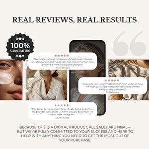 May include: A digital product display featuring the text REAL REVIEWS, REAL RESULTS and a 100% GUARANTEE badge. Three white speech bubbles contain five-star reviews from Jenna Morales, Tasha Greene, and Lauren Bishop over a smartphone screen.