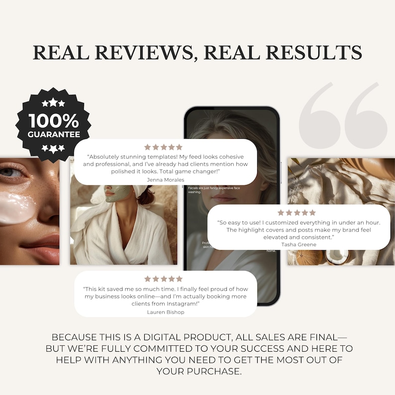 May include: A digital product display featuring the text REAL REVIEWS, REAL RESULTS and a 100% GUARANTEE badge. Three white speech bubbles contain five-star reviews from Jenna Morales, Tasha Greene, and Lauren Bishop over a smartphone screen.