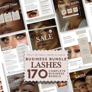 May include: A digital marketing business bundle for lash services featuring 170 editable templates. The collection includes various social media graphics with text overlays like Giveaway Time, Sale, and Lash Prep 101, showcasing close-up photography of eyes with eyelash extensions and neutral beige colour schemes.