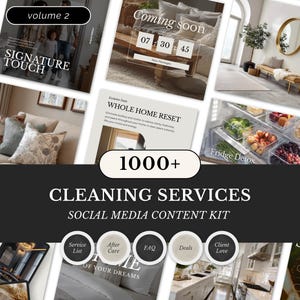 Könnte beinhalten: Werbebild für Reinigungsdienste mit Lifestyle-Fotos und Textüberlagerungen. Der Text enthält "Reinigungsdienste", "Social Media Content Kit" und "Whole Home Reset". Zusätzlicher Text enthält "Coming Soon" mit einem Countdown-Timer.