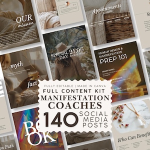 Può includere: Un kit di contenuti digitali per coach di manifestazione che include 140 modelli per post sui social media. La collezione presenta vari design con sovrapposizioni di testo come Our Mission, Appointments, Special Day, Human Design & Manifestation Prep 101 e Book. L'estetica utilizza toni neutri, luce soffusa e immagini di persone, cristalli e natura.