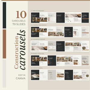 May include: A digital template set featuring 10 construction carousels and 70 slides for Canva. The design uses a neutral color palette with black, white, and tan accents, displaying various layouts for project showcases and site journals.