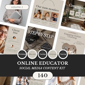 Pode incluir: Imagem promocional para um kit de conteúdo de mídia social para educadores online. A imagem apresenta vários elementos de design, incluindo texto que diz "volume 1", "Our team members", "Client love", "STEP BY STEP" e "Engaging Online Learning". O kit inclui 140 itens.