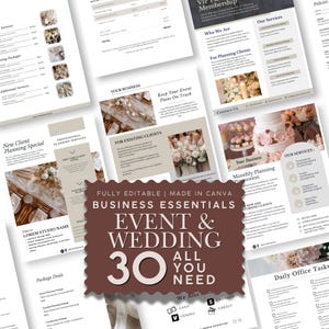 May include: A collection of editable event and wedding planning business templates featuring neutral beige and white layouts with photography of floral arrangements and cakes. A dark brown scalloped badge displays the text: FULLY EDITABLE | MADE IN CANVA BUSINESS ESSENTIALS EVENT & WEDDING 30 ALL YOU NEED.