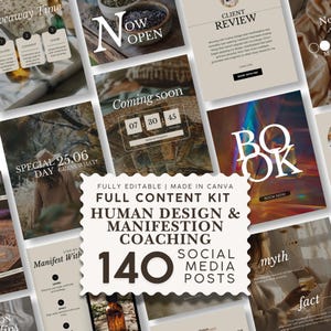 Può includere: Un kit di contenuti digitali per social media con 140 modelli modificabili per il coaching di human design e manifestazione. La collezione include vari layout con sovrapposizioni di testo, timer per il conto alla rovescia e toni neutri.