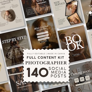 Può includere: Un kit di contenuti digitali per fotografi con 140 modelli per post sui social media. Il design presenta schemi di colori beige e marrone scuro con sovrapposizioni di testo come Fully Editable, Made in Canva e Full Content Kit Photographer.
