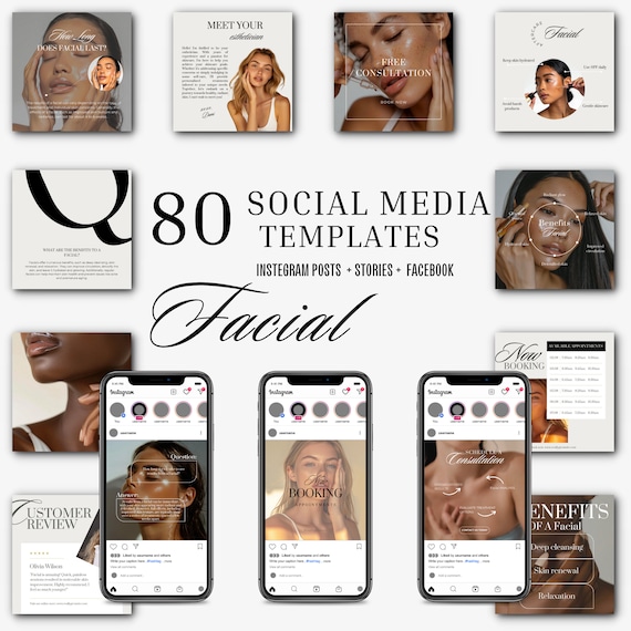 Facial Posts and Instagram Stories, Neutral Canva Templates for Estheticians