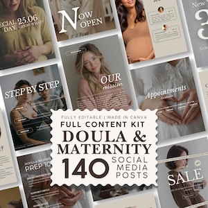 Könnte beinhalten: Ein digitales Content-Kit für soziale Medien mit 140 bearbeitbaren Vorlagen für Doula- und Mutterschaftsdienste. Das Design umfasst verschiedene Layouts mit Textüberlagerungen wie Now Open, Our Mission, Step By Step und Appointments Available.