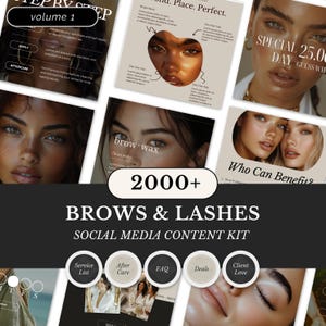 Puede incluir: Un kit de contenido para redes sociales para cejas y pestañas, con múltiples imágenes con superposiciones de texto. El kit incluye imágenes con texto como "volume 1", "brow wax" y "Who Can Benefit?" El tema general es la belleza y el cuidado de la piel.