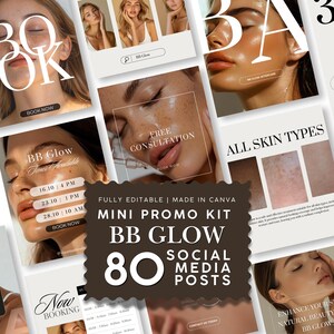Puede incluir: Un conjunto de plantillas de marketing digital para servicios BB Glow con 80 publicaciones para redes sociales. La colección incluye varios diseños con superposiciones de texto como BOOK NOW, FREE CONSULTATION, ALL SKIN TYPES y NOW BOOKING.
