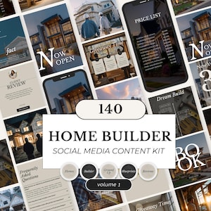 Puede incluir: Un conjunto de plantillas de contenido para redes sociales para constructores de viviendas. El texto central dice "HOME BUILDER SOCIAL MEDIA CONTENT KIT" con el número "140" y "volume 1". La imagen incluye maquetas de pantallas de teléfono.