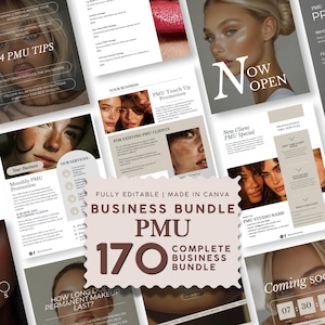 May include: A digital business bundle for permanent makeup services, featuring 170 fully editable Canva templates. The collection includes promotional flyers, service menus, and client information sheets with text overlays and imagery of faces.