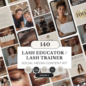 Könnte beinhalten: Eine Sammlung von Social-Media-Vorlagen für Wimpern-Ausbilder und -Trainer. Das Kit enthält 140 Vorlagen mit verschiedenen Designs, darunter Preislisten, Werbeaktionen und Bildungsinhalte. Die Farbpalette ist neutral mit Beige- und Weißtönen.
